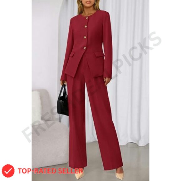 Long Sleeve Blazer Wide Leg Pant Suit Set Business Casual Elegant Minimal - Picture 3 of 8